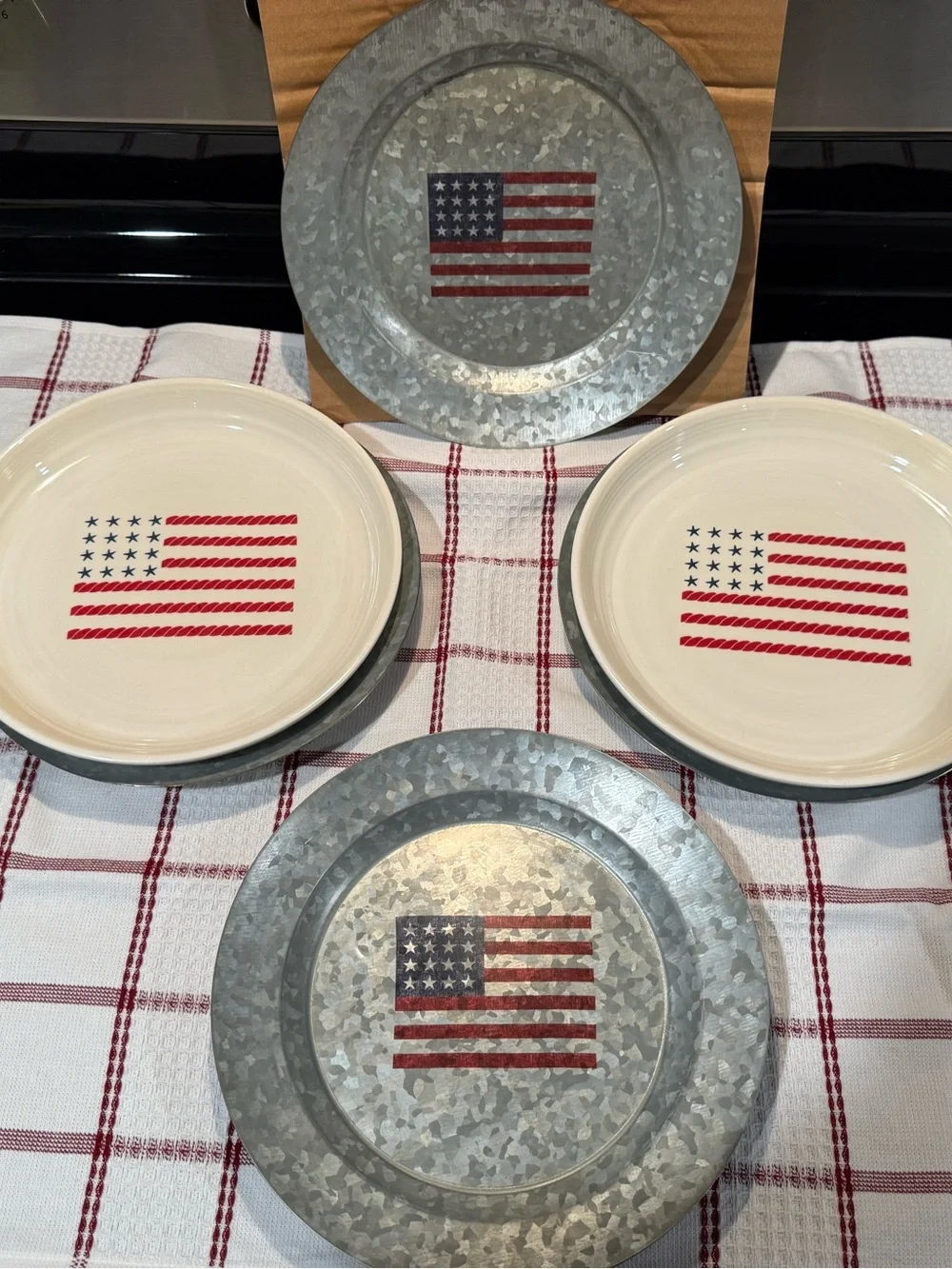 New Pottery Barn Galvanized American Flag Indoor/Outdoor Salad Plates, S/4